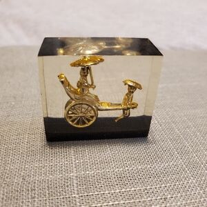Vintage Clear Lucite & Gold Rickshaw Figure Paper Weight